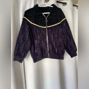 Y2K Black and Purple fuzzy Zip-Up 1/4 sleeve bomber size S/M NWOT